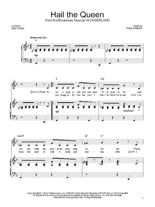 Learn to play Frank Wildhorn Hail The Queen sheet music for Piano, Vocal & Guitar Chords (Right-Hand Melody) in minutes. Price: 7.8900$ Frank Wildhorn Hail The Queen sheet music notes and chords arranged for Piano, Vocal & Guitar Chords (Right-Hand Melody)