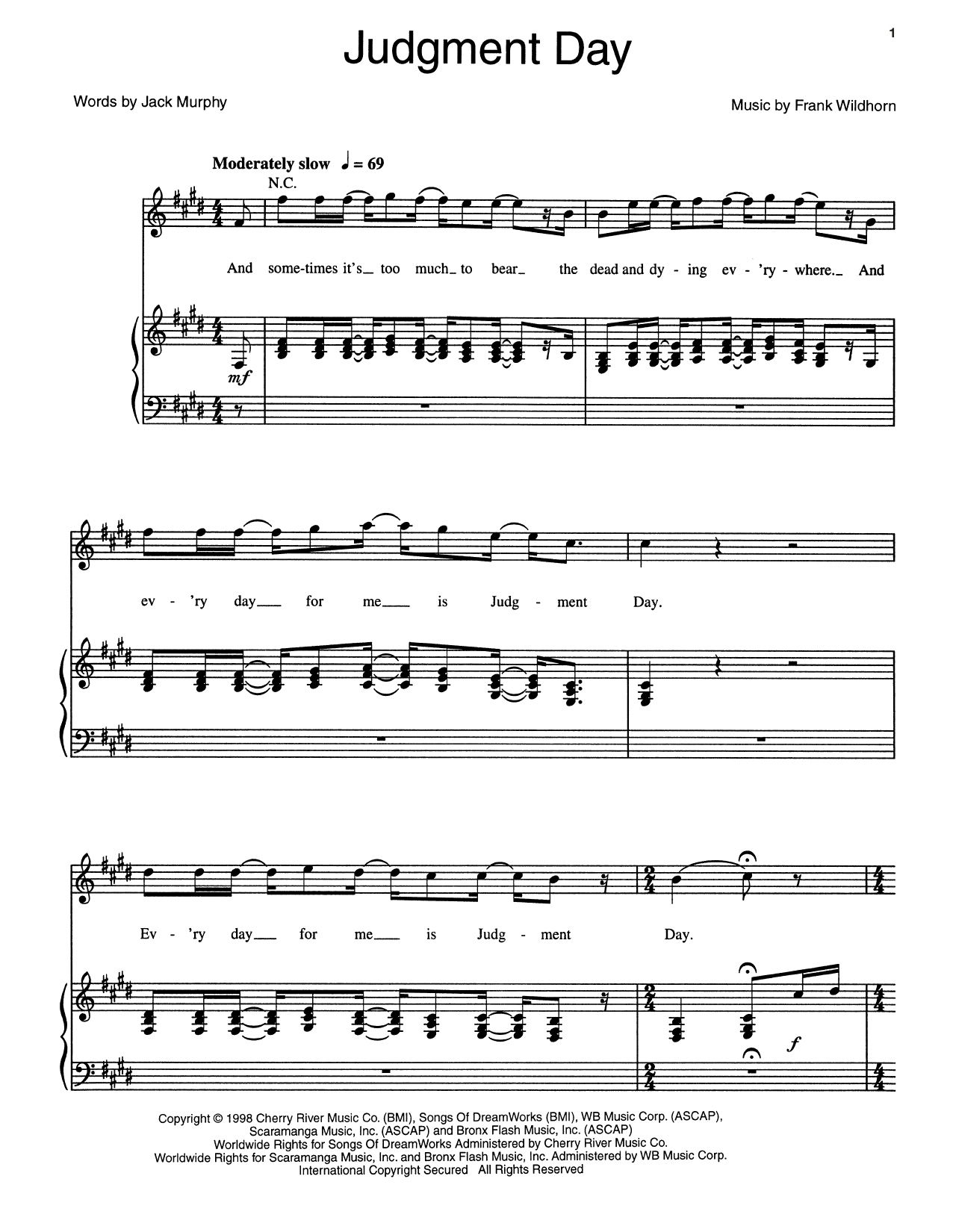 Learn to play Frank Wildhorn Judgment Day sheet music for Piano, Vocal & Guitar Chords (Right-Hand Melody) in minutes. Price: 7.8900$ Frank Wildhorn Judgment Day sheet music notes and chords arranged for Piano, Vocal & Guitar Chords (Right-Hand Melody)