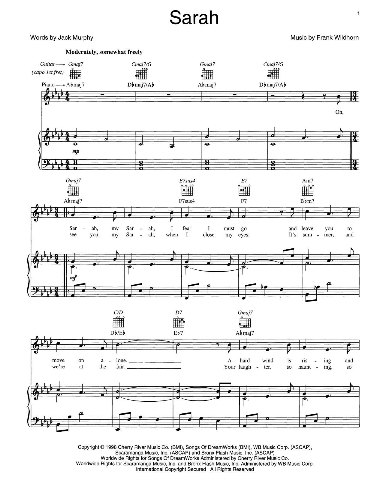 Frank Wildhorn Sarah sheet music notes and chords. Download Printable PDF.