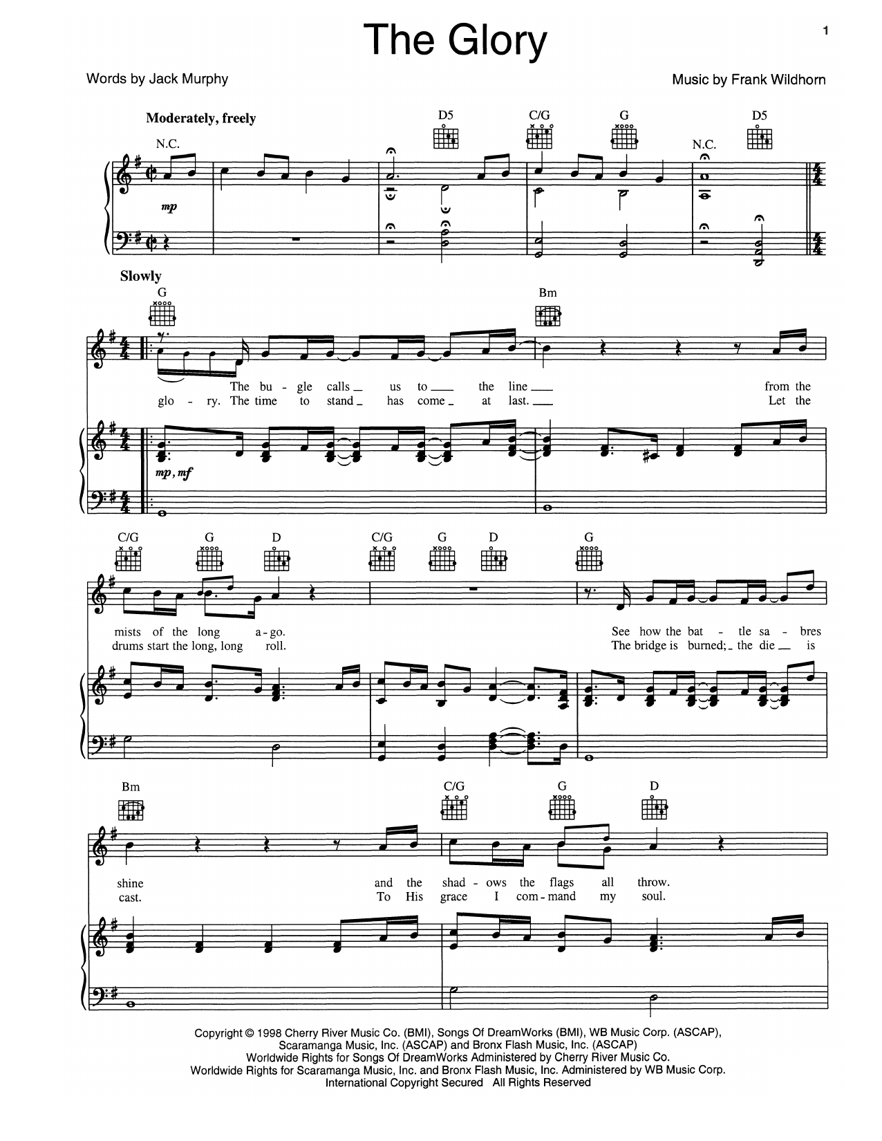 Learn to play Frank Wildhorn The Glory sheet music for Piano, Vocal & Guitar Chords (Right-Hand Melody) in minutes. Price: 7.8900$ Frank Wildhorn The Glory sheet music notes and chords arranged for Piano, Vocal & Guitar Chords (Right-Hand Melody)