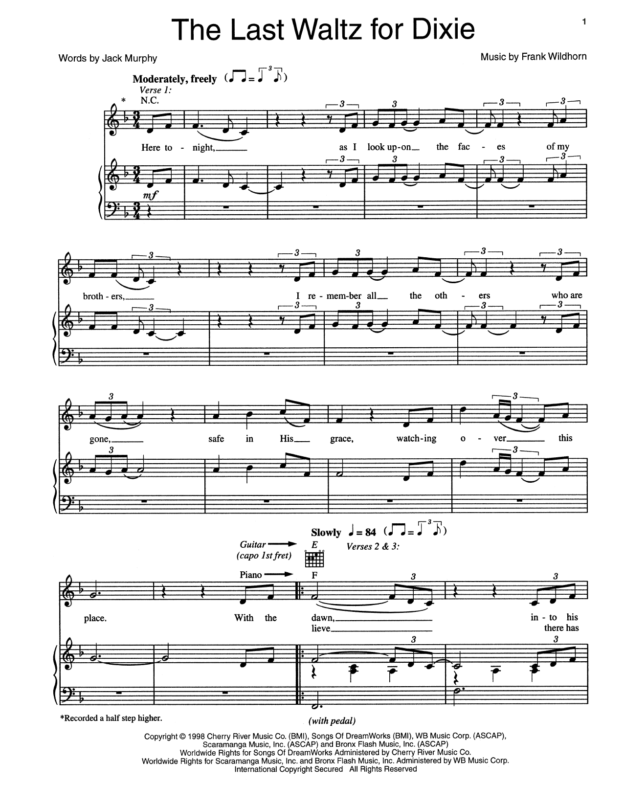 Learn to play Frank Wildhorn The Last Waltz For Dixie sheet music for Piano, Vocal & Guitar Chords (Right-Hand Melody) in minutes. Price: 7.8900$ Frank Wildhorn The Last Waltz For Dixie sheet music notes and chords arranged for Piano, Vocal & Guitar Chords (Right-Hand Melody)