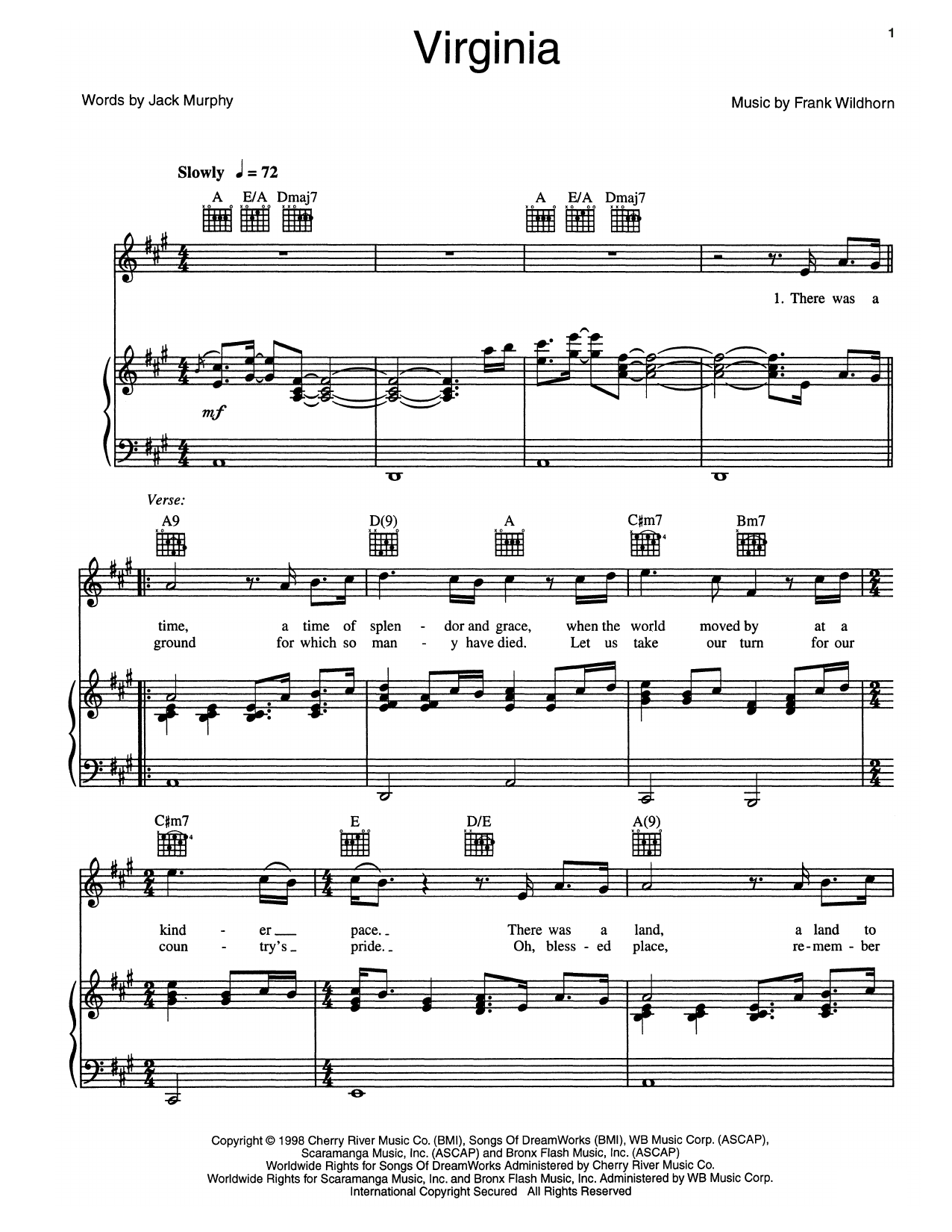 Learn to play Frank Wildhorn Virginia sheet music for Piano, Vocal & Guitar Chords (Right-Hand Melody) in minutes. Price: 7.8900$ Frank Wildhorn Virginia sheet music notes and chords arranged for Piano, Vocal & Guitar Chords (Right-Hand Melody)
