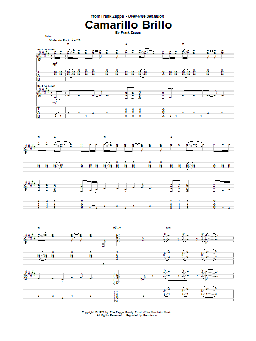 Learn to play Frank Zappa Camarillo Brillo sheet music for Guitar Tab in minutes. Price: 7.8900$ Frank Zappa Camarillo Brillo sheet music notes and chords arranged for Guitar Tab