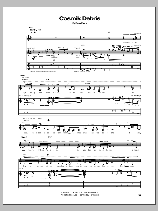 Learn to play Frank Zappa Cosmik Debris sheet music for Guitar Tab in minutes. Price: 7.8900$ Frank Zappa Cosmik Debris sheet music notes and chords arranged for Guitar Tab