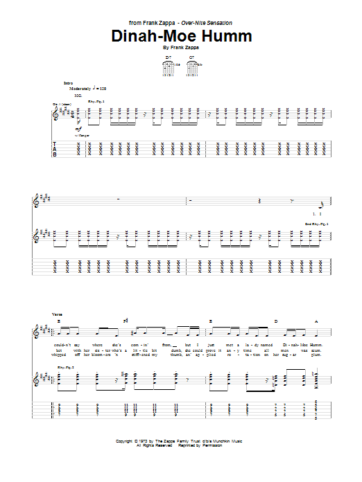 Learn to play Frank Zappa Dinah-Moe Humm sheet music for Guitar Tab in minutes. Price: 7.8900$ Frank Zappa Dinah-Moe Humm sheet music notes and chords arranged for Guitar Tab
