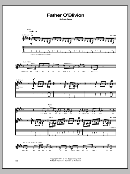 Learn to play Frank Zappa Father O'Blivion sheet music for Guitar Tab in minutes. Price: 7.8900$ Frank Zappa Father O'Blivion sheet music notes and chords arranged for Guitar Tab