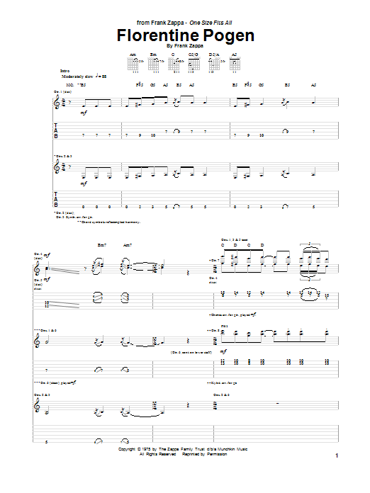 Learn to play Frank Zappa Florentine Pogen sheet music for Guitar Tab in minutes. Price: 7.8900$ Frank Zappa Florentine Pogen sheet music notes and chords arranged for Guitar Tab