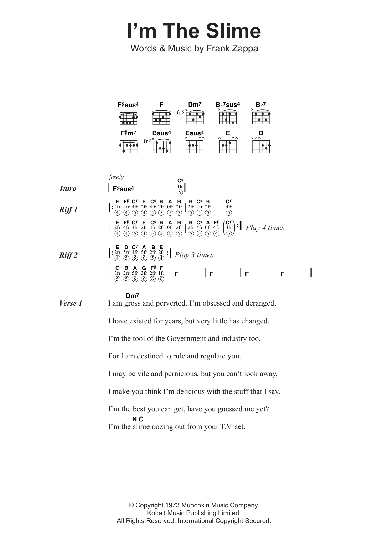 Frank Zappa I'm The Slime sheet music notes and chords. Download Printable PDF.