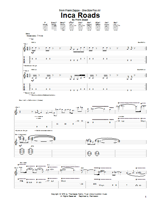 Frank Zappa Inca Roads sheet music notes and chords. Download Printable PDF.