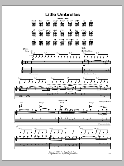 Learn to play Frank Zappa Little Umbrellas sheet music for Guitar Tab in minutes. Price: 7.8900$ Frank Zappa Little Umbrellas sheet music notes and chords arranged for Guitar Tab