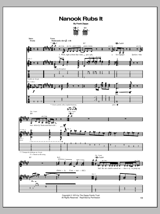 Learn to play Frank Zappa Nanook Rubs It sheet music for Guitar Tab in minutes. Price: 7.8900$ Frank Zappa Nanook Rubs It sheet music notes and chords arranged for Guitar Tab