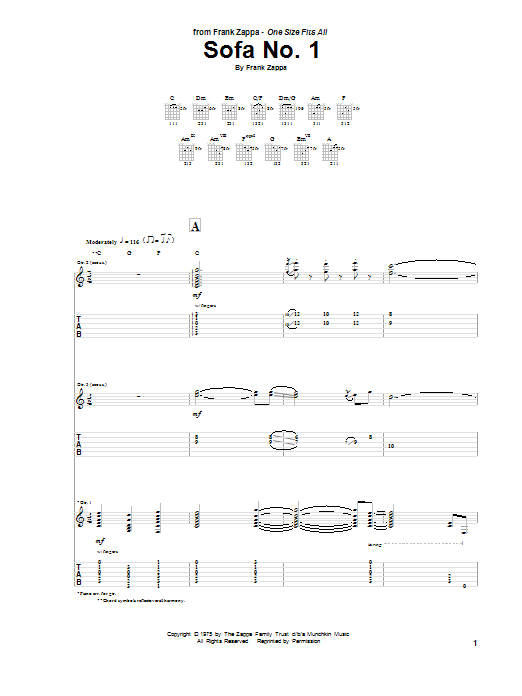 Learn to play Frank Zappa Sofa No. 1 sheet music for Guitar Tab in minutes. Price: 7.8900$ Frank Zappa Sofa No. 1 sheet music notes and chords arranged for Guitar Tab