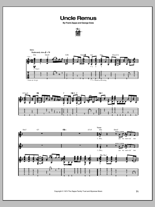 Learn to play Frank Zappa Uncle Remus sheet music for Guitar Tab in minutes. Price: 7.8900$ Frank Zappa Uncle Remus sheet music notes and chords arranged for Guitar Tab