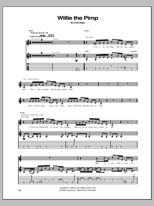 Learn to play Frank Zappa Willie The Pimp sheet music for Guitar Tab in minutes. Price: 7.8900$ Frank Zappa Willie The Pimp sheet music notes and chords arranged for Guitar Tab