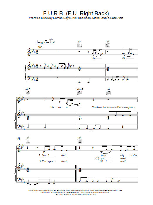 Learn to play Frankee F.U.R.B. (F.U. Right Back) sheet music for Piano, Vocal & Guitar Chords in minutes. Price: 7.8900$ Frankee F.U.R.B. (F.U. Right Back) sheet music notes and chords arranged for Piano, Vocal & Guitar Chords