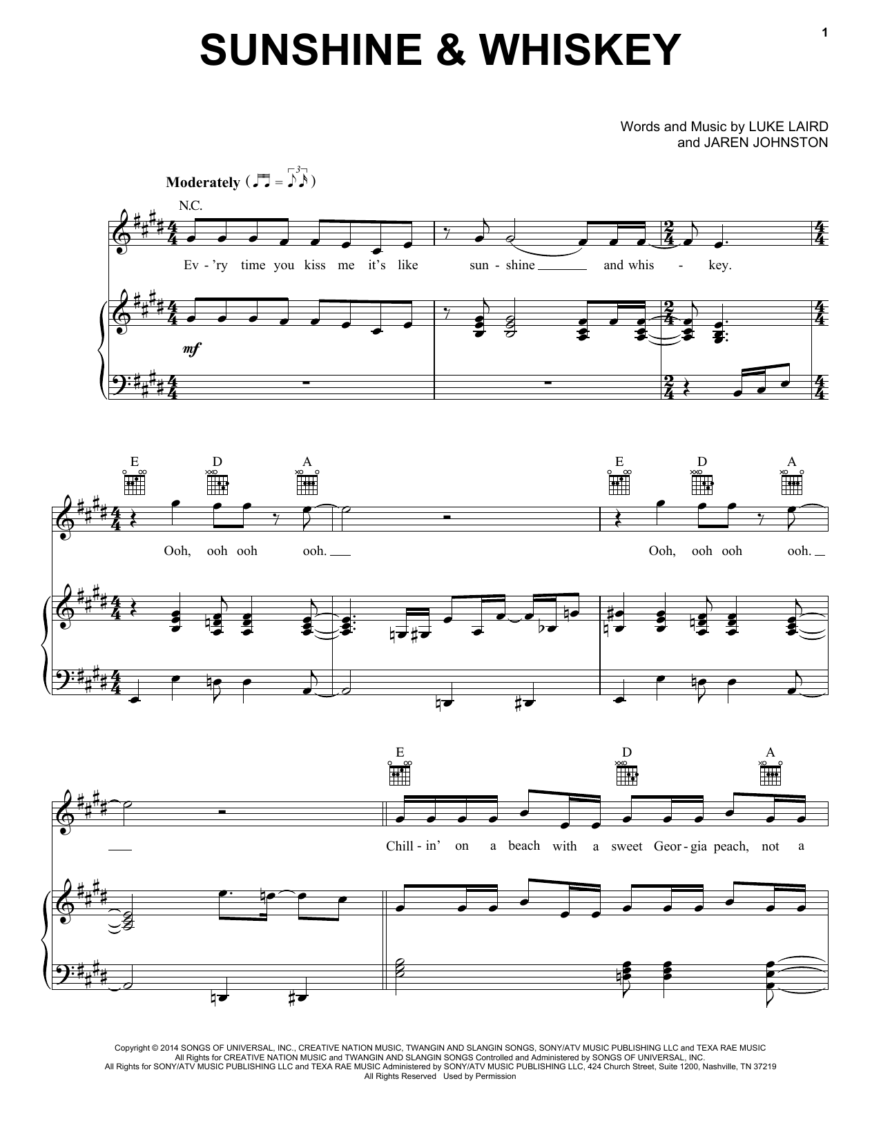 Learn to play Frankie Ballard Sunshine & Whiskey sheet music for Piano, Vocal & Guitar Chords (Right-Hand Melody) in minutes. Price: 7.8900$ Frankie Ballard Sunshine & Whiskey sheet music notes and chords arranged for Piano, Vocal & Guitar Chords (Right-Hand Melody)
