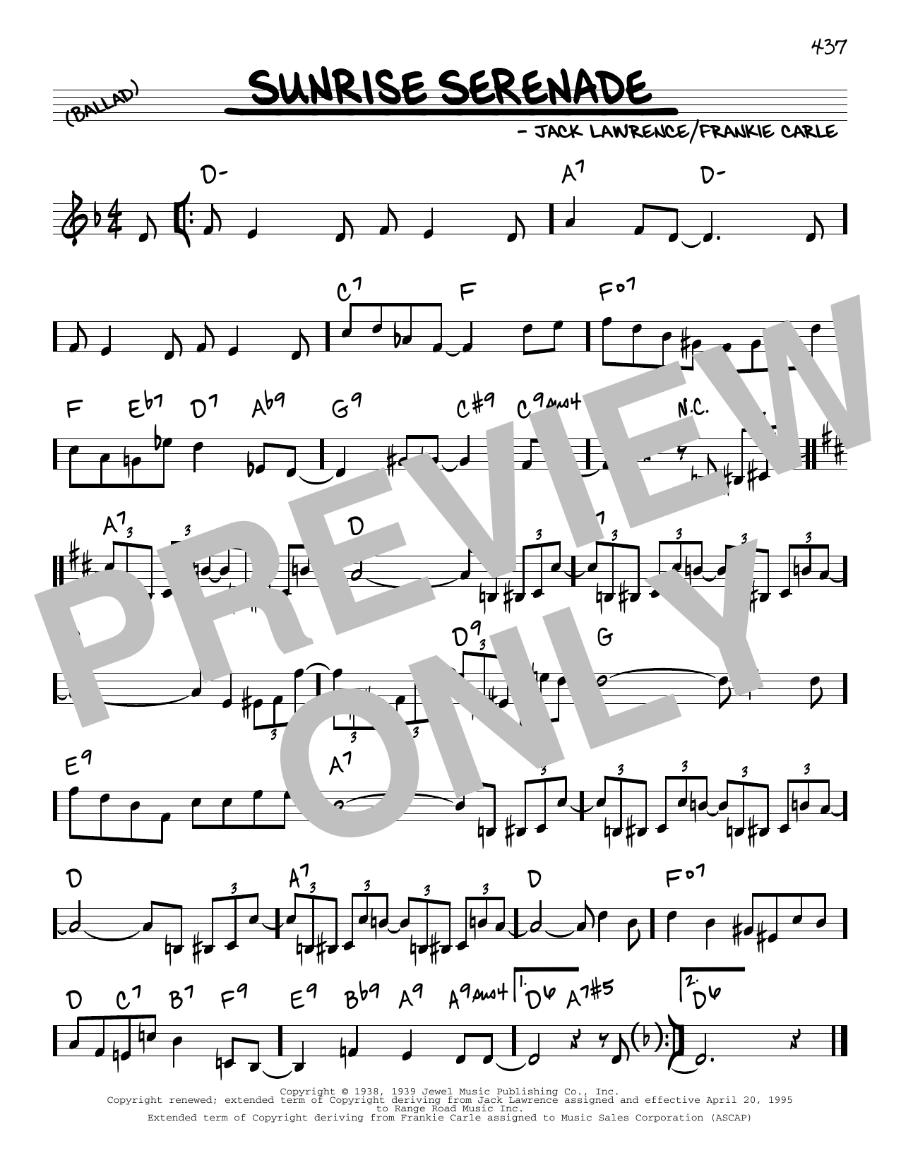 Learn to play Frankie Carle and Jack Lawrence Sunrise Serenade sheet music for Real Book – Melody & Chords in minutes. Price: 5.9900$ Frankie Carle and Jack Lawrence Sunrise Serenade sheet music notes and chords arranged for Real Book – Melody & Chords