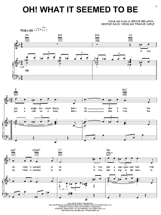 Learn to play Frankie Carle Oh! What It Seemed To Be sheet music for Piano, Vocal & Guitar Chords (Right-Hand Melody) in minutes. Price: 7.8900$ Frankie Carle Oh! What It Seemed To Be sheet music notes and chords arranged for Piano, Vocal & Guitar Chords (Right-Hand Melody)