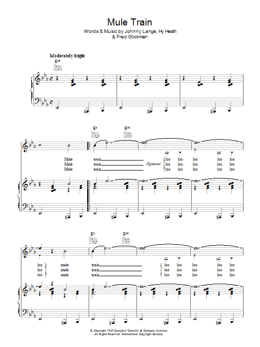 Frankie Laine Mule Train sheet music notes and chords arranged for Piano, Vocal & Guitar Chords