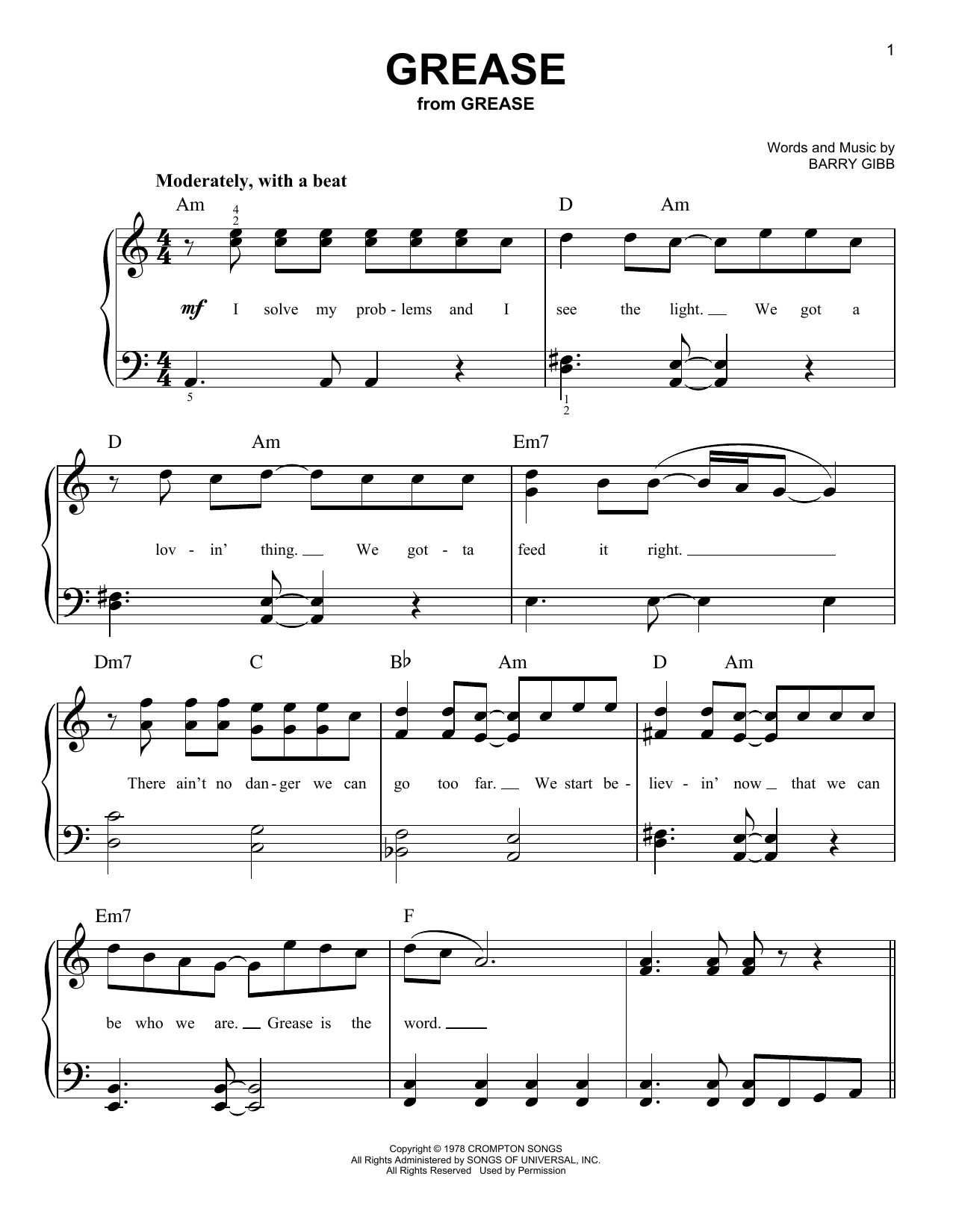 Frankie Valli "Grease" Sheet Music for Easy Piano | Download PDF - 431509