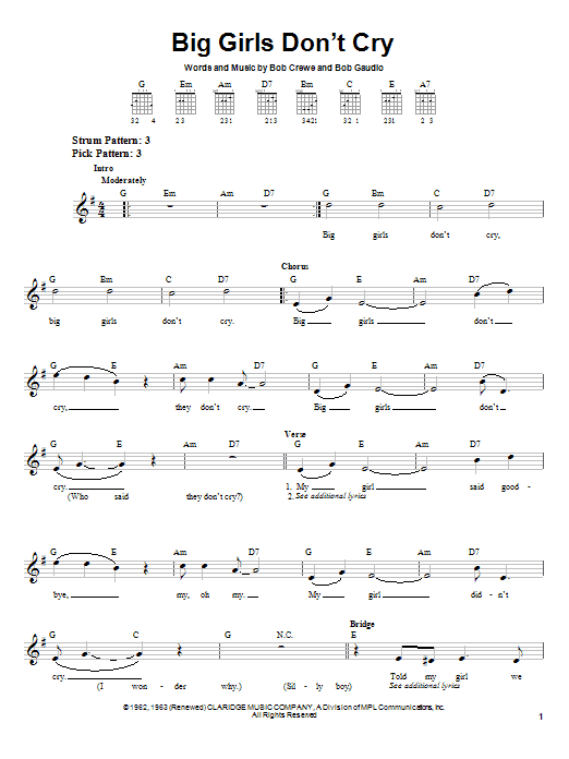 Frankie Valli & The Four Seasons Big Girls Don't Cry sheet music notes and chords arranged for Easy Piano