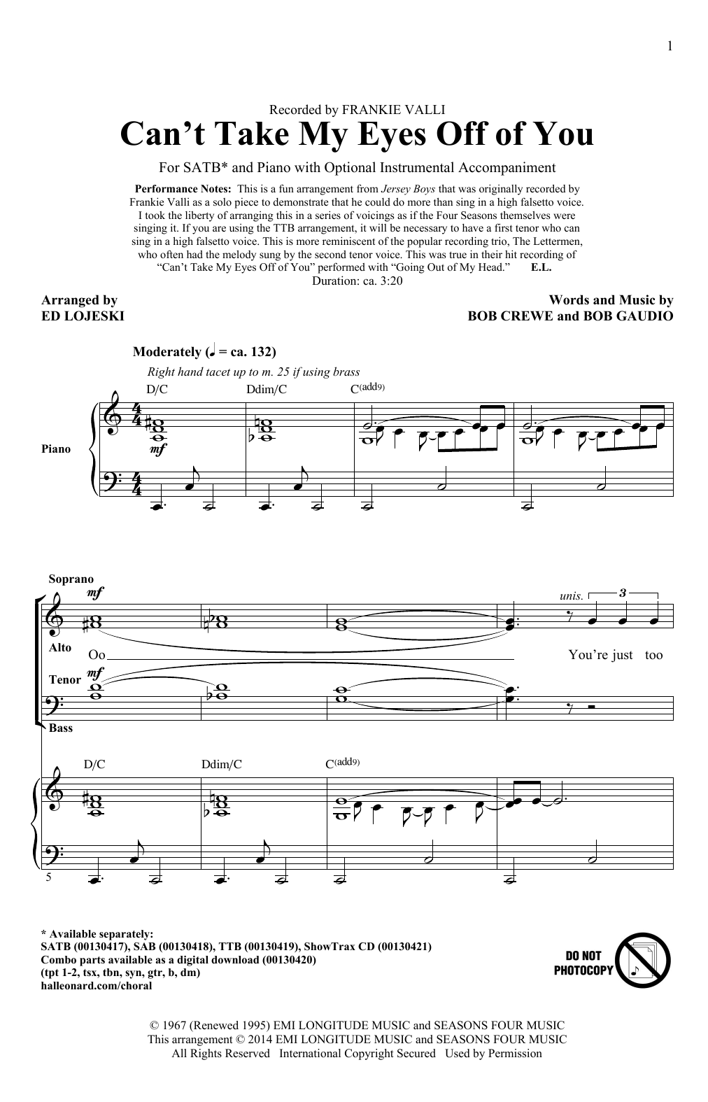 Frankie Valli & The Four Seasons Can't Take My Eyes Off Of You (from Jersey Boys) (arr. Ed Lojeski) sheet music notes and chords. Download Printable PDF.