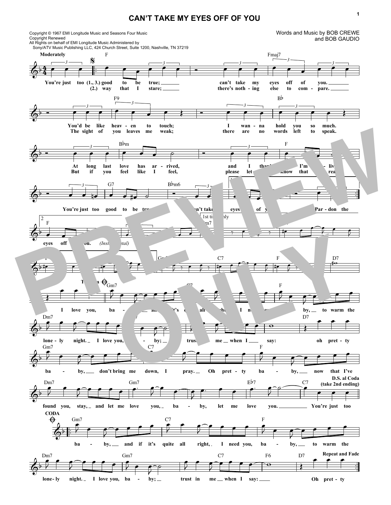 Frankie Valli & The Four Seasons Can't Take My Eyes Off Of You sheet music notes and chords. Download Printable PDF.