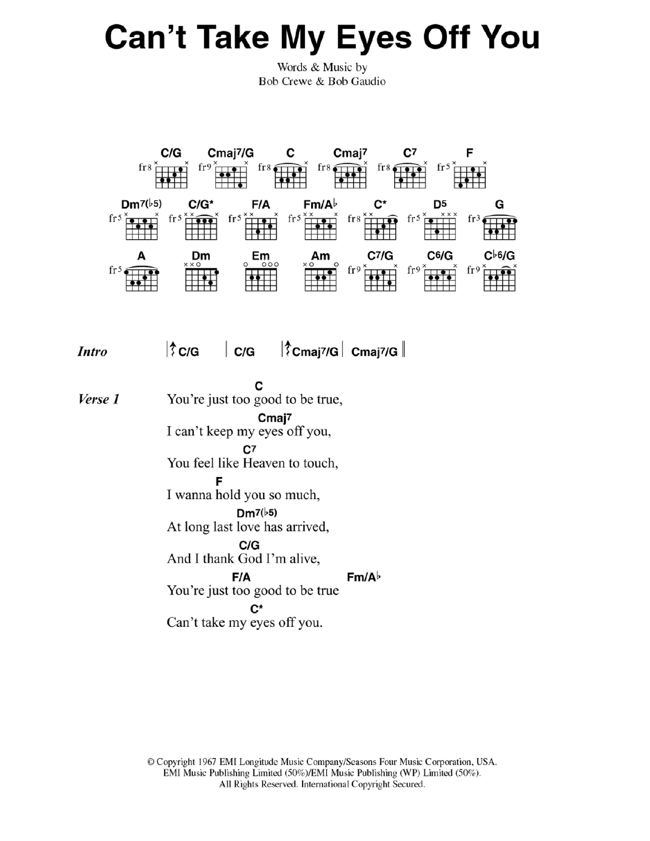 Frankie Valli & The Four Seasons Can't Take My Eyes Off You sheet music notes and chords. Download Printable PDF.