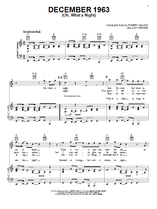 Frankie Valli & The Four Seasons December 1963 (Oh, What A Night) sheet music notes and chords. Download Printable PDF.