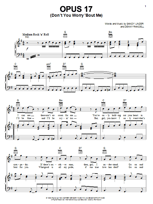 Learn to play Frankie Valli & The Four Seasons Opus 17 (Don't Worry 'Bout Me) sheet music for Piano, Vocal & Guitar Chords (Right-Hand Melody) in minutes. Price: 7.8900$ Frankie Valli & The Four Seasons Opus 17 (Don't Worry 'Bout Me) sheet music notes and chords arranged for Piano, Vocal & Guitar Chords (Right-Hand Melody)