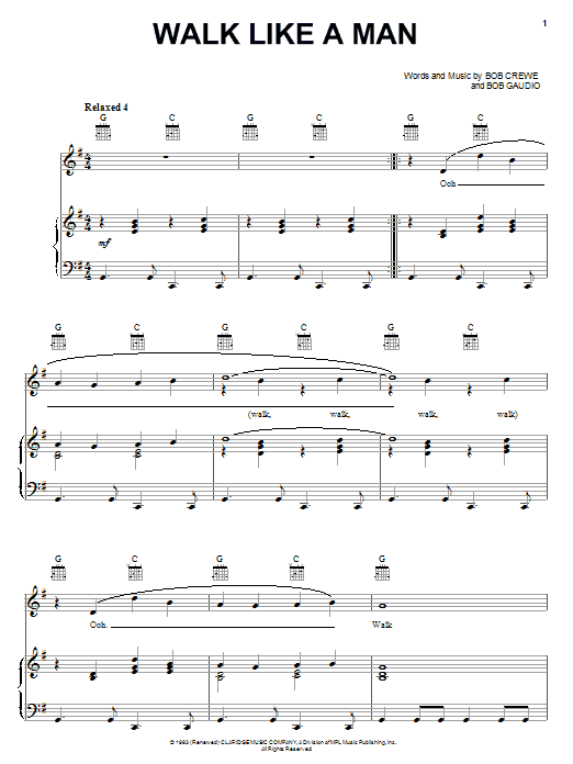 Frankie Valli & The Four Seasons Walk Like A Man sheet music notes and chords arranged for Piano, Vocal & Guitar Chords (Right-Hand Melody)