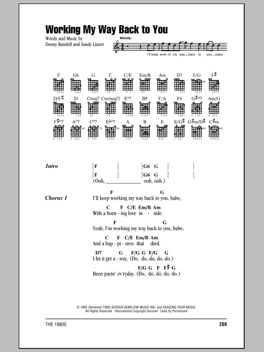 Frankie Valli & The Four Seasons Working My Way Back To You sheet music notes and chords. Download Printable PDF.