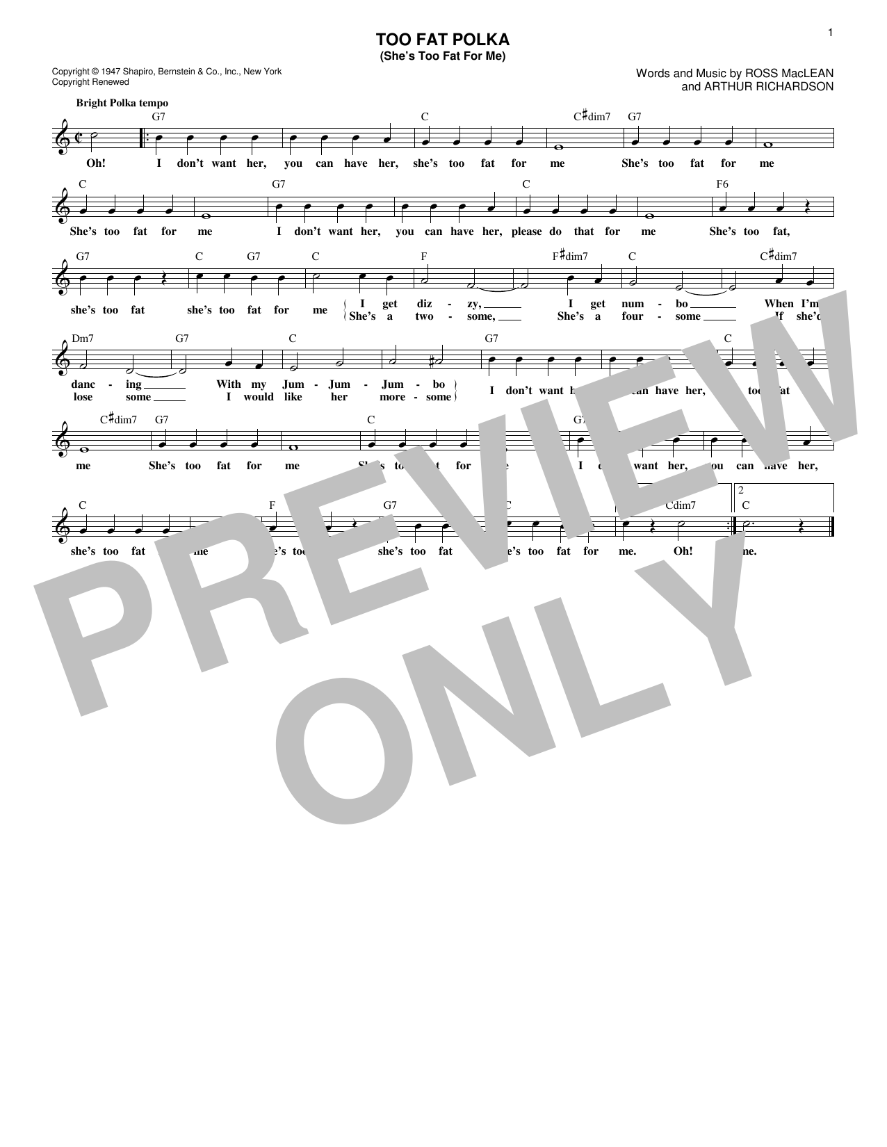 Frankie Yankovic Too Fat Polka (She's Too Fat For Me) sheet music notes and chords. Download Printable PDF.