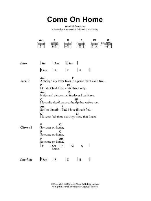 Franz Ferdinand Come On Home sheet music notes and chords. Download Printable PDF.