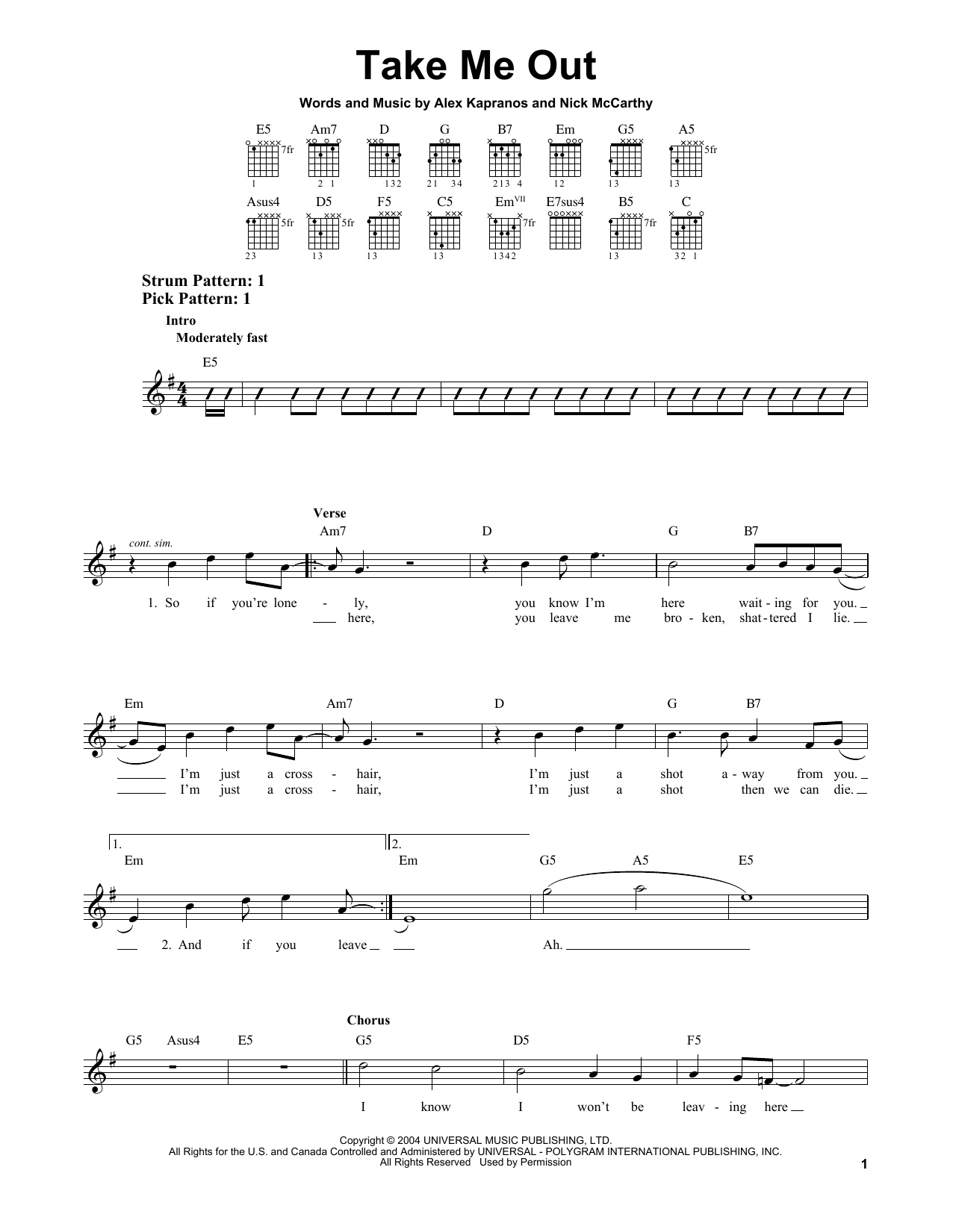 Franz Ferdinand Take Me Out sheet music notes and chords. Download Printable PDF.