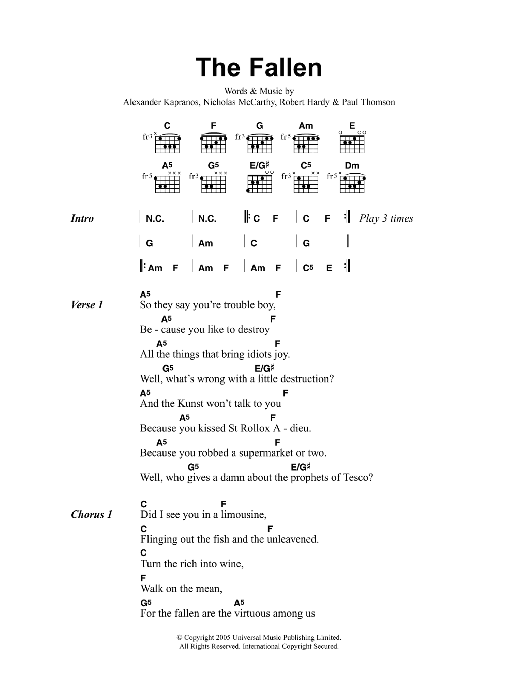 Learn to play Franz Ferdinand The Fallen sheet music for Guitar Tab in minutes. Price: 7.8900$ Franz Ferdinand The Fallen sheet music notes and chords arranged for Guitar Tab