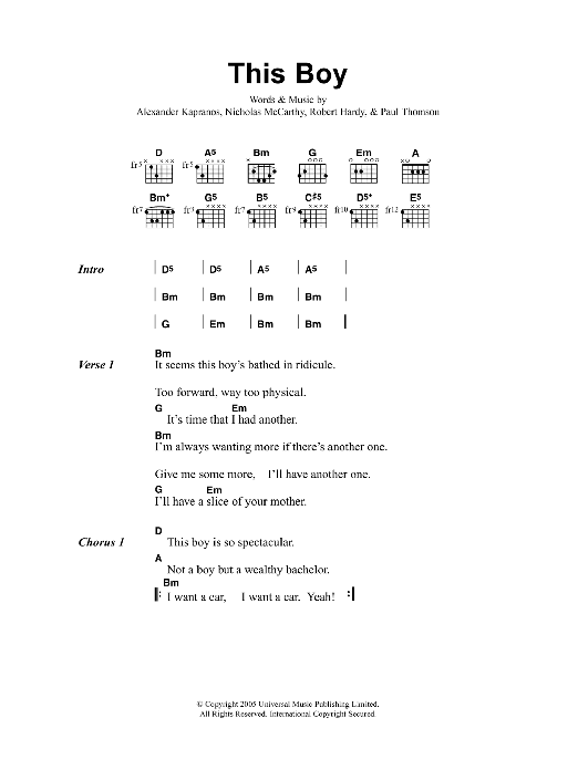Learn to play Franz Ferdinand This Boy sheet music for Guitar Tab in minutes. Price: 7.8900$ Franz Ferdinand This Boy sheet music notes and chords arranged for Guitar Tab