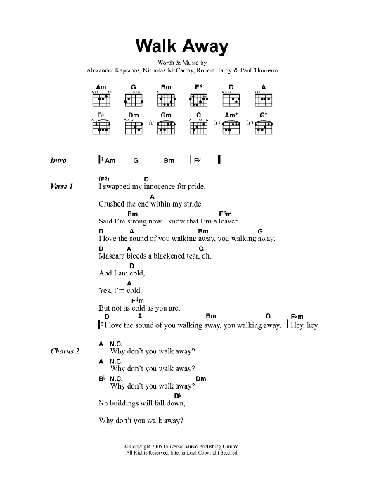 Franz Ferdinand Walk Away sheet music notes and chords. Download Printable PDF.