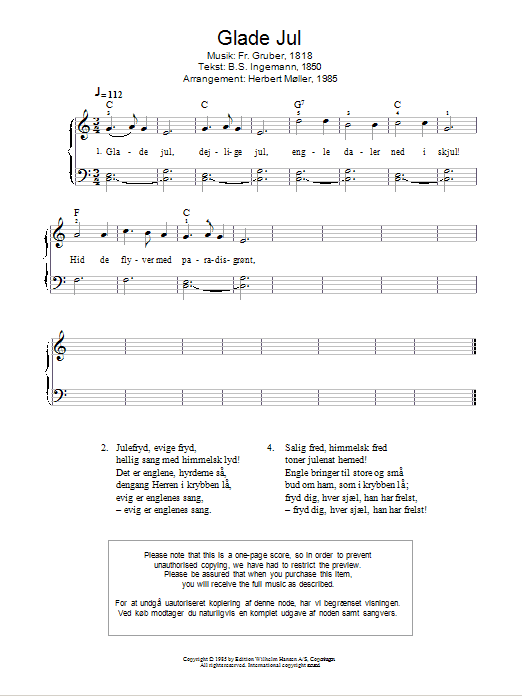 Franz Gruber Glade Jul sheet music notes and chords arranged for Piano Solo