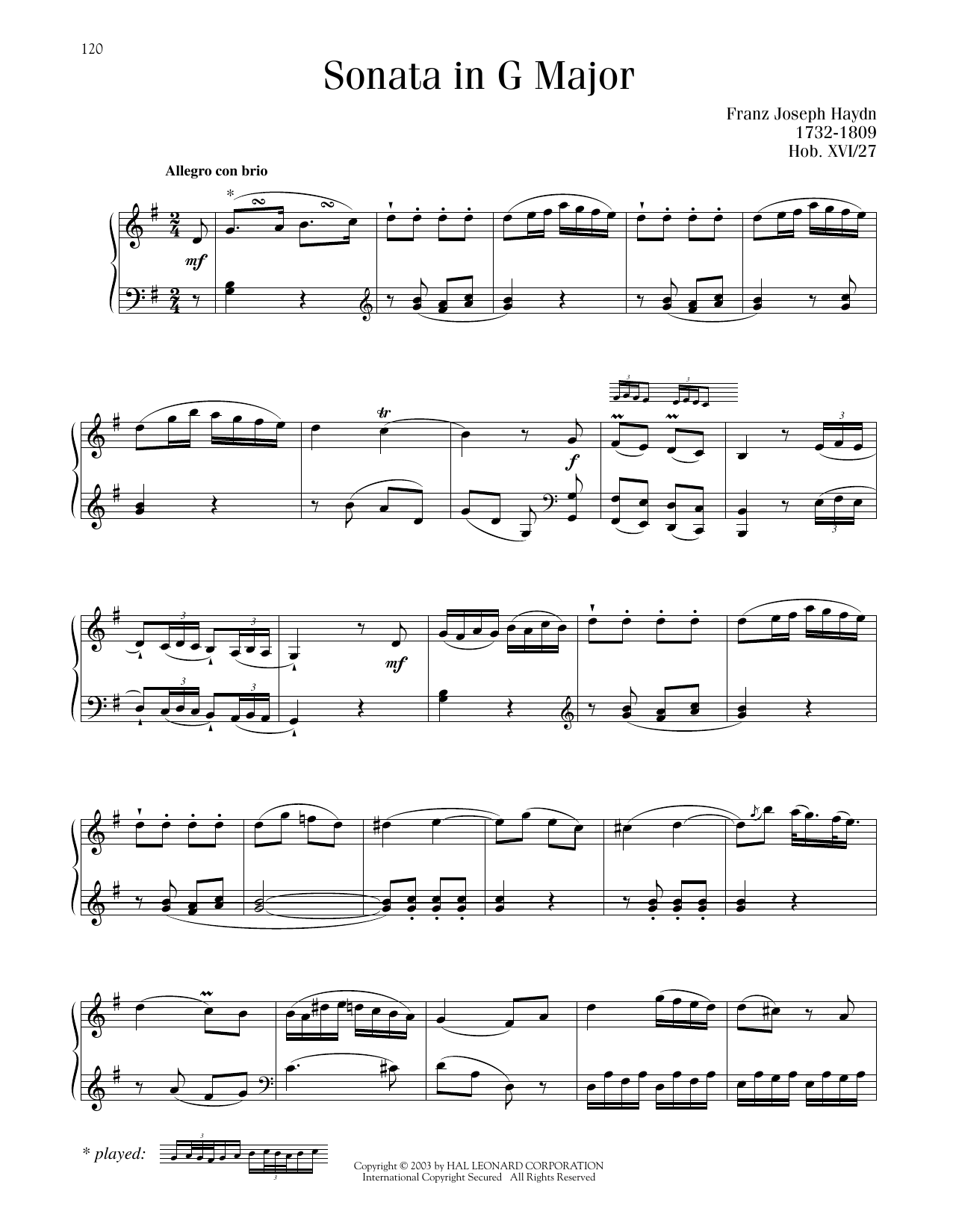 Franz Joseph Haydn Sonata In G Major, Hob. XVI: 27 sheet music notes and chords. Download Printable PDF.