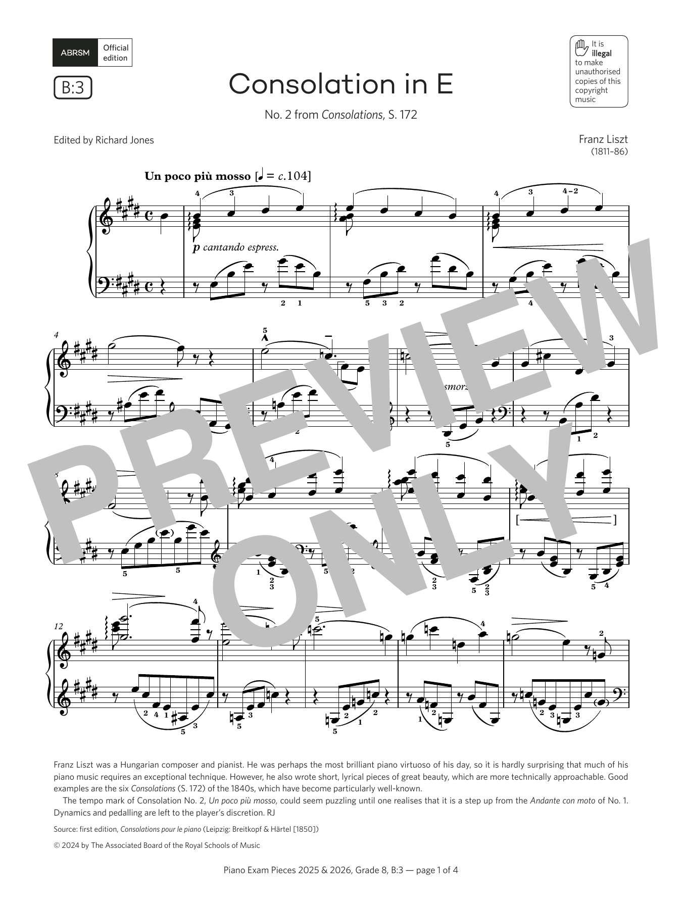 Franz Liszt Consolation in E (Grade 8, list B3, from the ABRSM Piano Syllabus 2025 & 2026) sheet music notes and chords. Download Printable PDF.