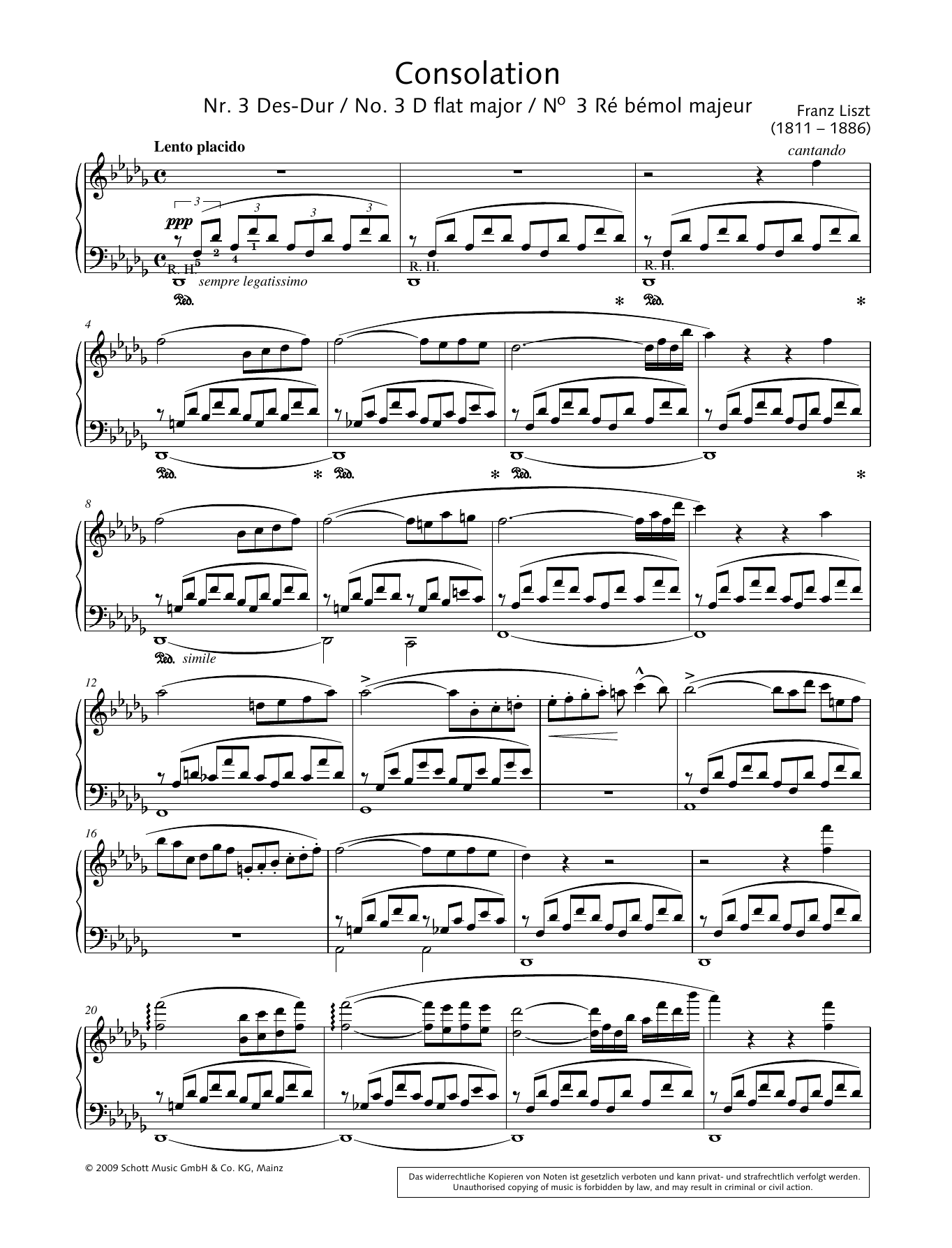 Franz Liszt Consolation No. 3 in D-flat major sheet music notes and chords. Download Printable PDF.