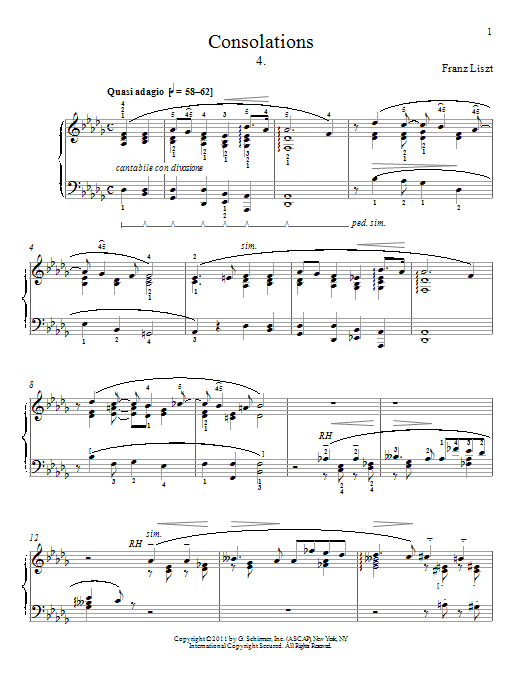 Franz Liszt Consolation No. 4 sheet music notes and chords arranged for Piano Solo