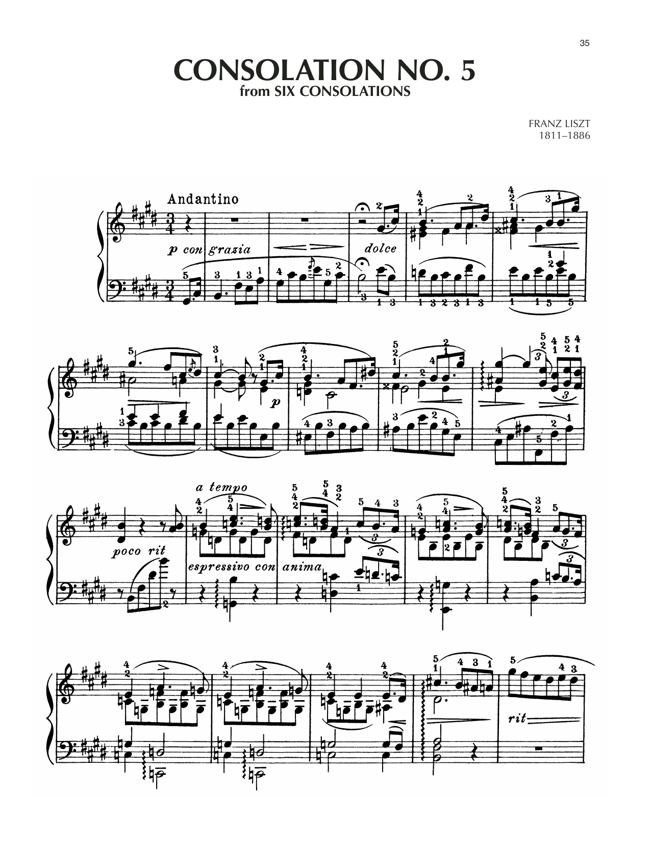 Franz Liszt Consolation No. 5 In E Major sheet music notes and chords. Download Printable PDF.