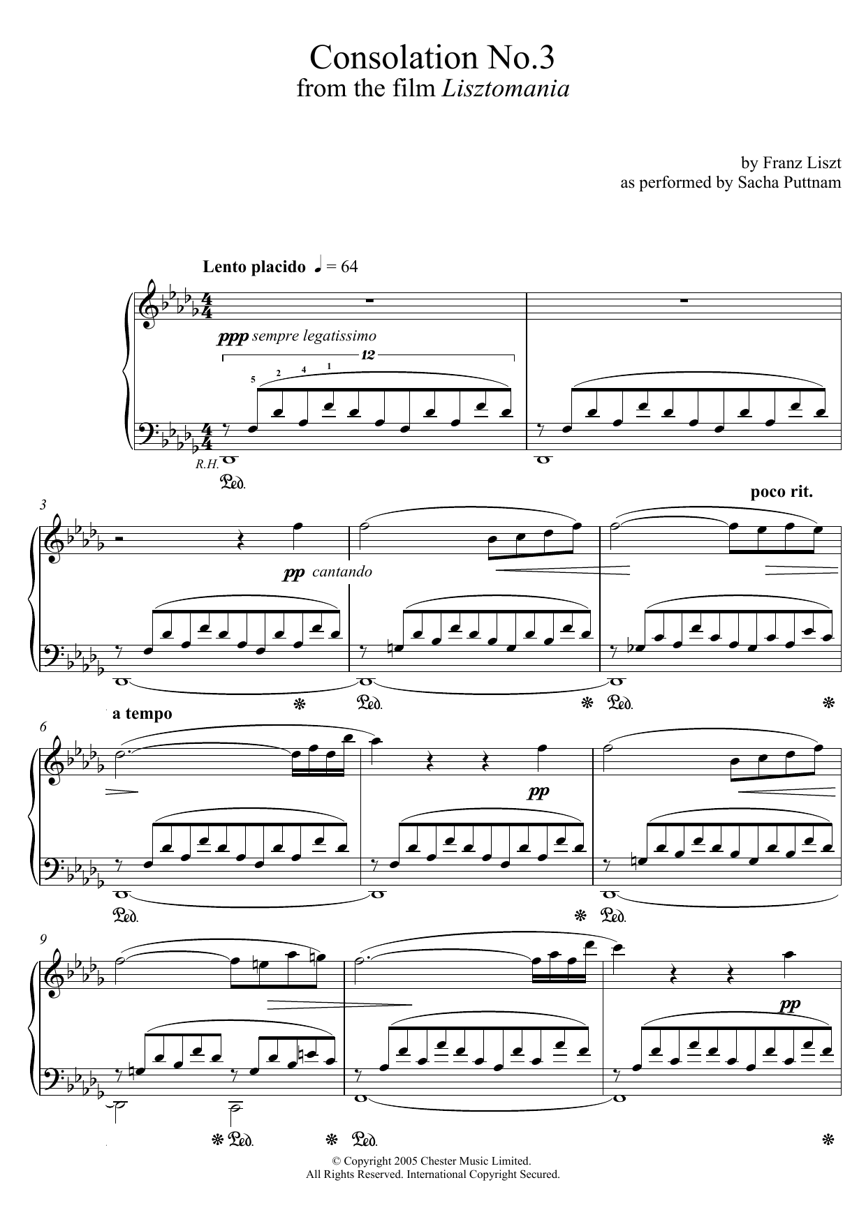 Franz Liszt Consolation No.3 In D Flat (as performed by Sacha Puttnam) sheet music notes and chords. Download Printable PDF.