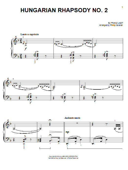 Franz Liszt Hungarian Rhapsody No. 2 sheet music notes and chords. Download Printable PDF.