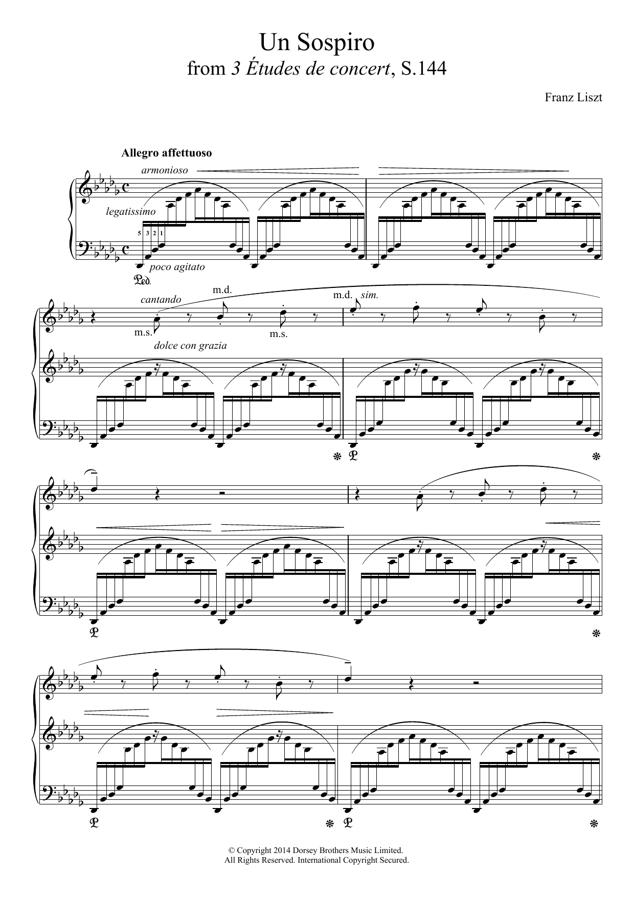 Franz Liszt Un Sospiro, For Piano In D Flat Major (grande Études De Concert No. 3) sheet music notes and chords. Download Printable PDF.