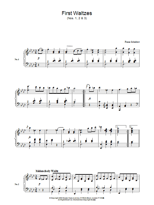 Franz Schubert First Waltzes (Nos. 1, 2 & 3) sheet music notes and chords arranged for Piano Solo