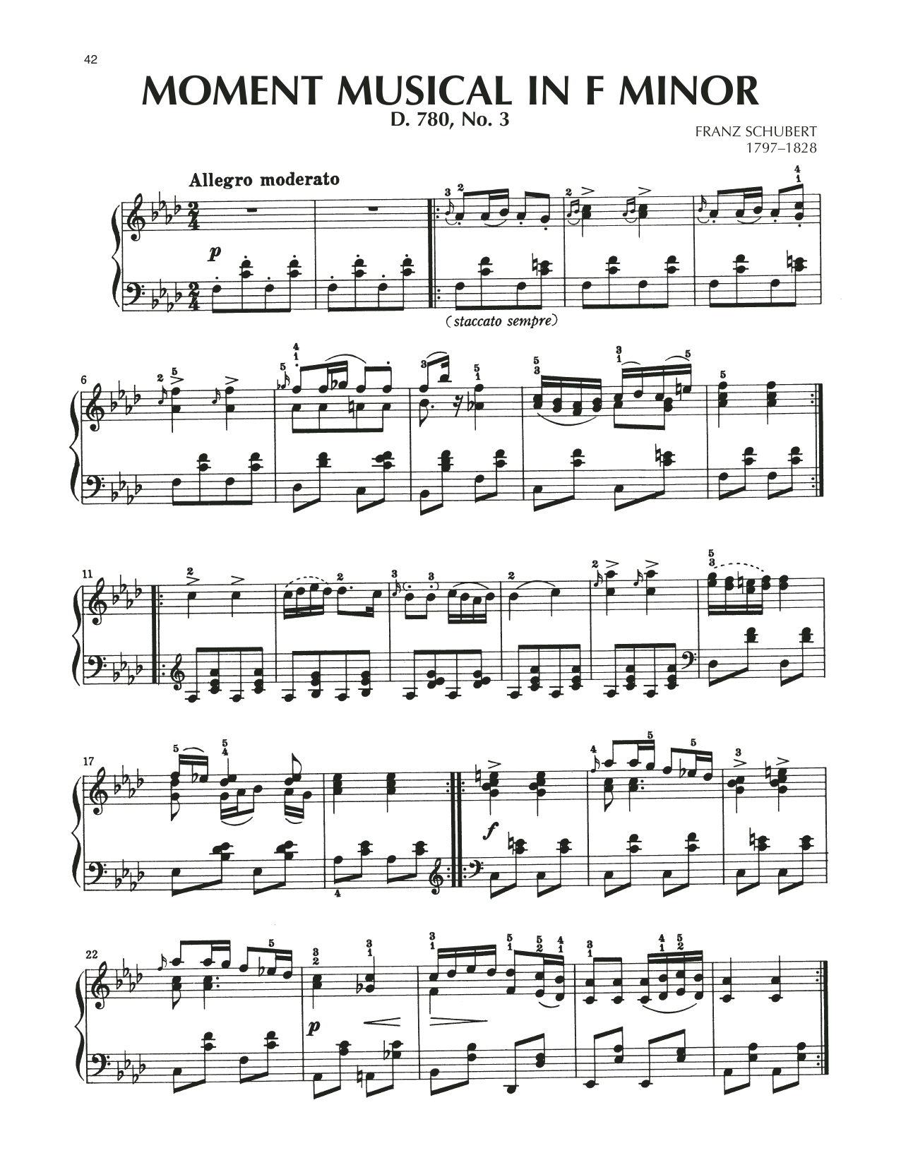 Franz Schubert Moment Musical In F Minor, Op. 94, No. 2 sheet music notes and chords arranged for Piano Solo