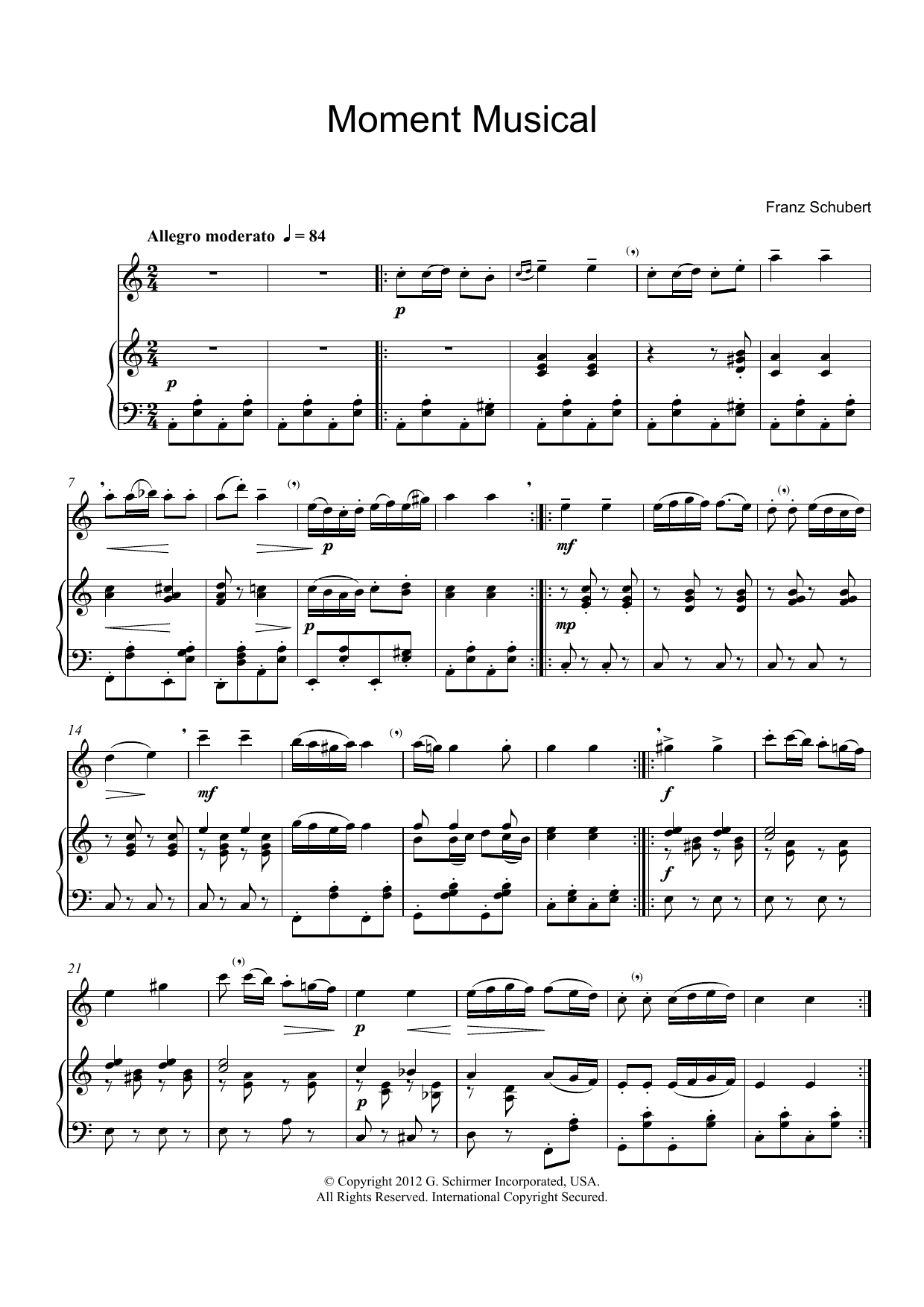 Franz Schubert Moment Musical sheet music notes and chords. Download Printable PDF.